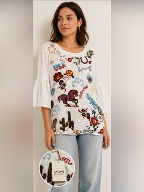 Avani Del Amour White Embroidered Western Graphic Bell-Sleeve Top